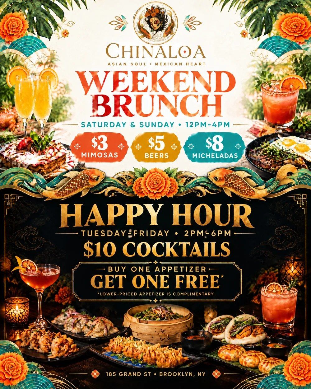 Chinaloa flyer: Weekend Brunch Sat & Sun 12–4pm with $3 mimosas, $5 beers, $8 micheladas; Happy Hour Tue–Fri 2–6pm with $10 cocktails and buy one appetizer get one free