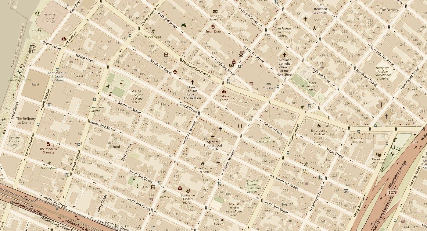 Street map of Williamsburg with Chinaloa marked at 185 Grand Street, between Bedford Avenue and Driggs Avenue